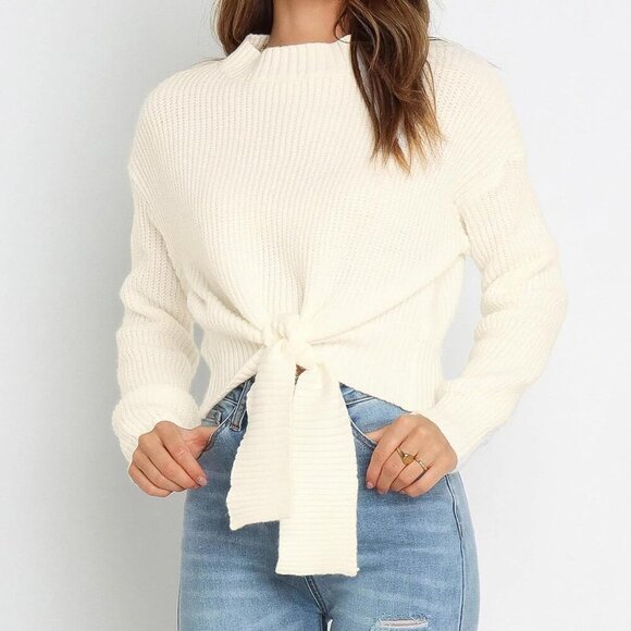 Women's Long Sleeve Cropped Sweaters Casual Knit Pullover Tie Front Crew Neck Fa - Picture 6 of 8